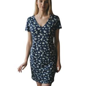 SHEIN NAVY FLORAL V-NECK DRESS SZ.M EUC